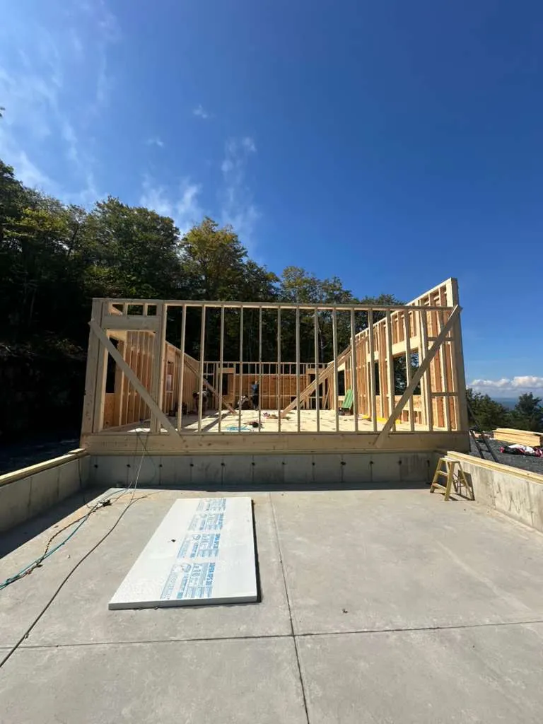 Garage framing on a coastal Massachusetts remodel