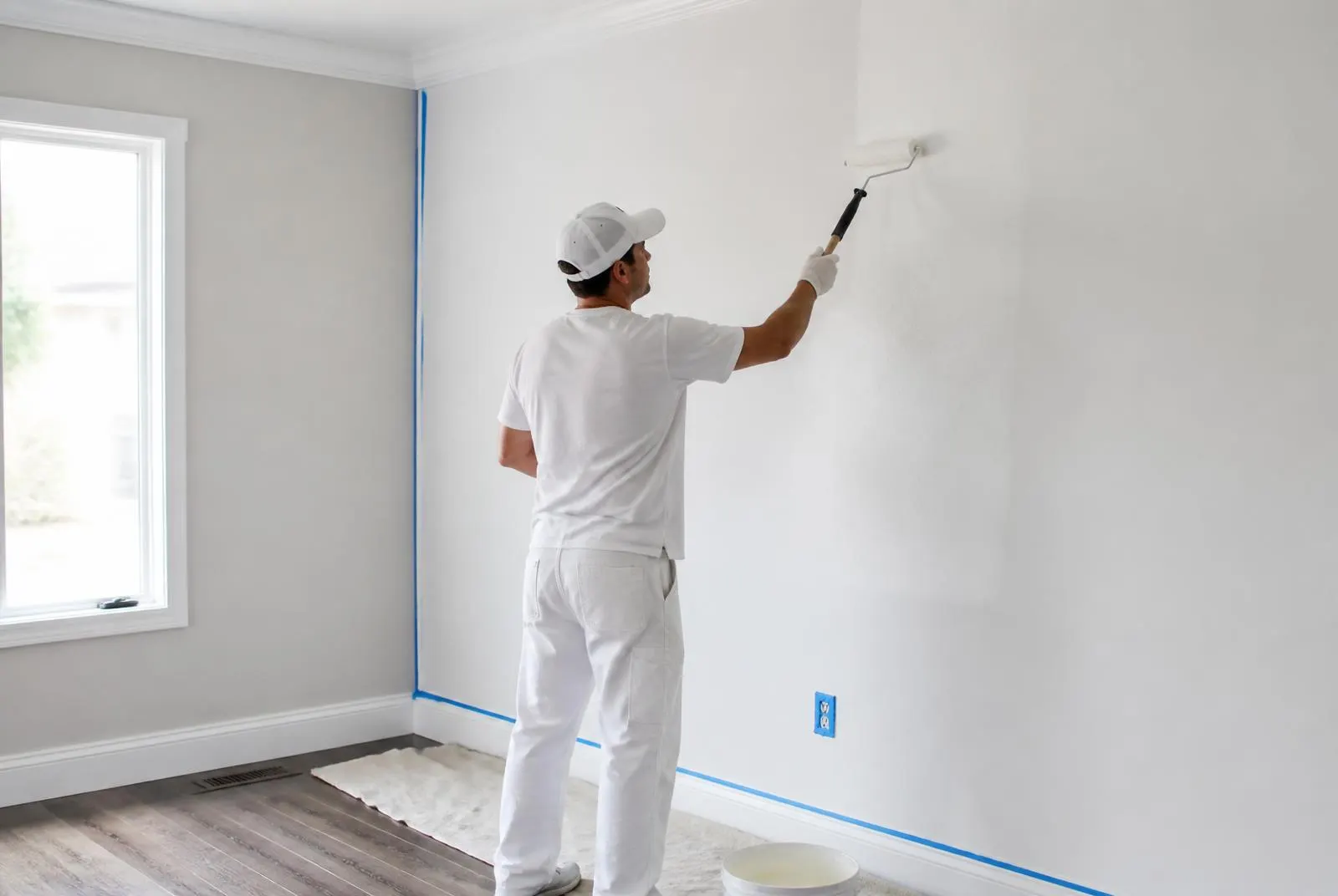 Interior painting contractor rolling a wall in Massachusetts